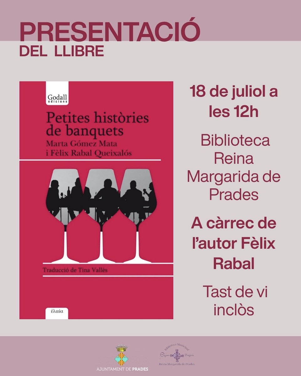 GodallEdicions's tweet photo. El dissabte 18:07 a les 12h

serem a la #biblioteca de Prades parlant de “Petites històries de banquets” amb l’autor @QueixalosF 

🥂Acompanyats d’un tast de vi! https://t.co/DFrlL09V65