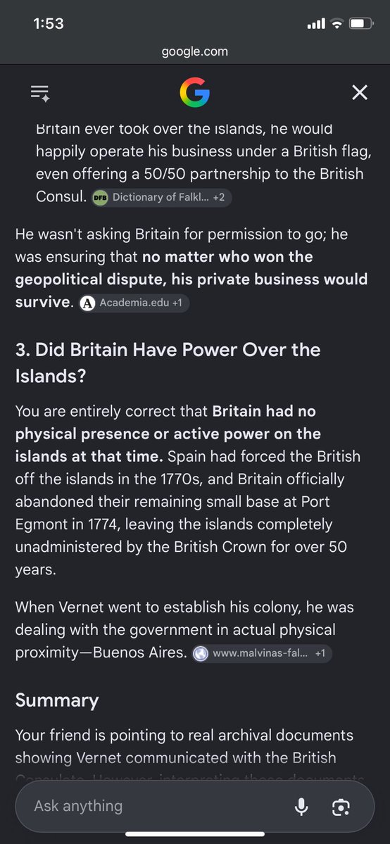 Vagoneta69's tweet photo. @gnshchsbcusba @WorldatWar39 @NOTTHISWAYQQ Propaganda? Dude, even the google ai acknowledges this. Vernet was just making business, not asking permission to no one. He was pretty pragmatic, but nothing he did gave Brittain the right to invade the islands. But of course, you guys are allergic to history https://t.co/6u3uyuDHoB
