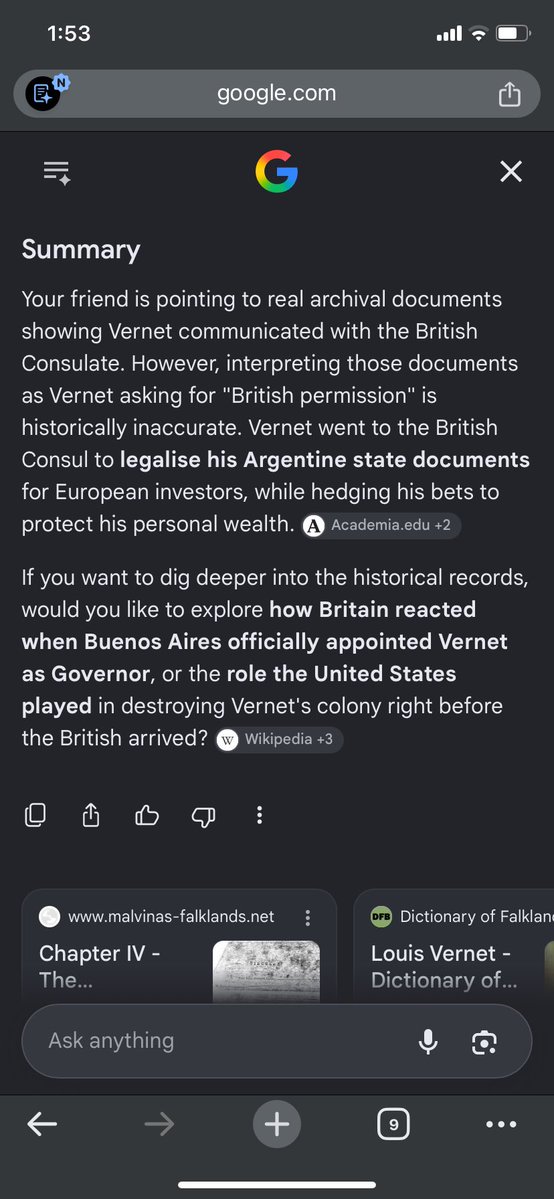 Vagoneta69's tweet photo. @gnshchsbcusba @WorldatWar39 @NOTTHISWAYQQ Propaganda? Dude, even the google ai acknowledges this. Vernet was just making business, not asking permission to no one. He was pretty pragmatic, but nothing he did gave Brittain the right to invade the islands. But of course, you guys are allergic to history https://t.co/6u3uyuDHoB