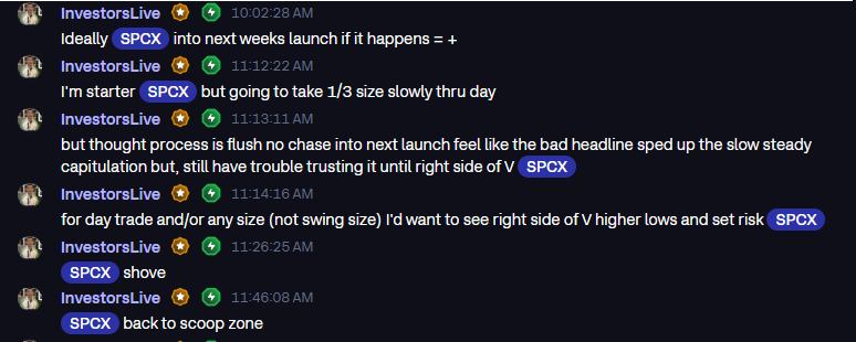 InvestorsLive's tweet photo. $SPCX $3 rebound since long in @IUTraders 

Hey @elonmusk for ol' times sake let's have a nice rebound next week into launch, what do you say? https://t.co/nTzvIopo3A