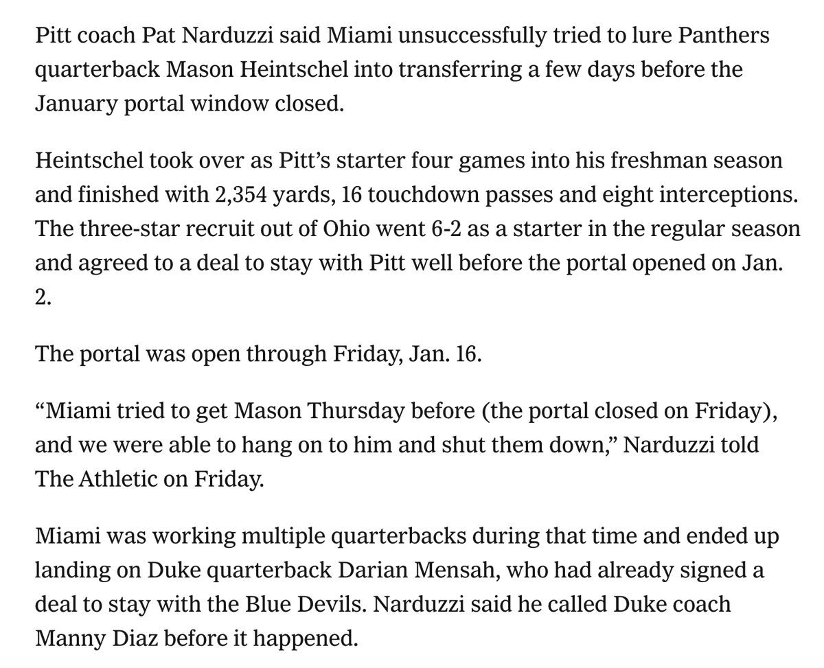 ChrisVannini's tweet photo. Pitt coach Pat Narduzzi says Miami tried to get Pitt QB Mason Heintschel into the portal before it closed.

Heintschel stayed at Pitt, and Narduzzi told Duke HC Manny Diaz that Darian Mensah was next.

https://t.co/LA1Gg2IBGz https://t.co/UhA3tX2aRg
