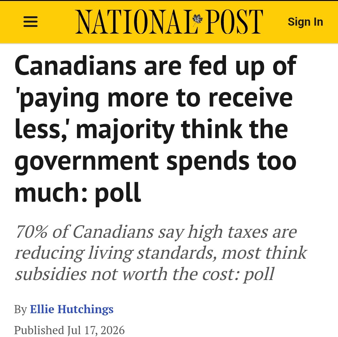 ShaziGoalie's tweet photo. "Paying more to receive less."

That's how 70% of Canadians now describe life under Canada's tax burden.

That should concern every government. https://t.co/HO83u6MyKZ