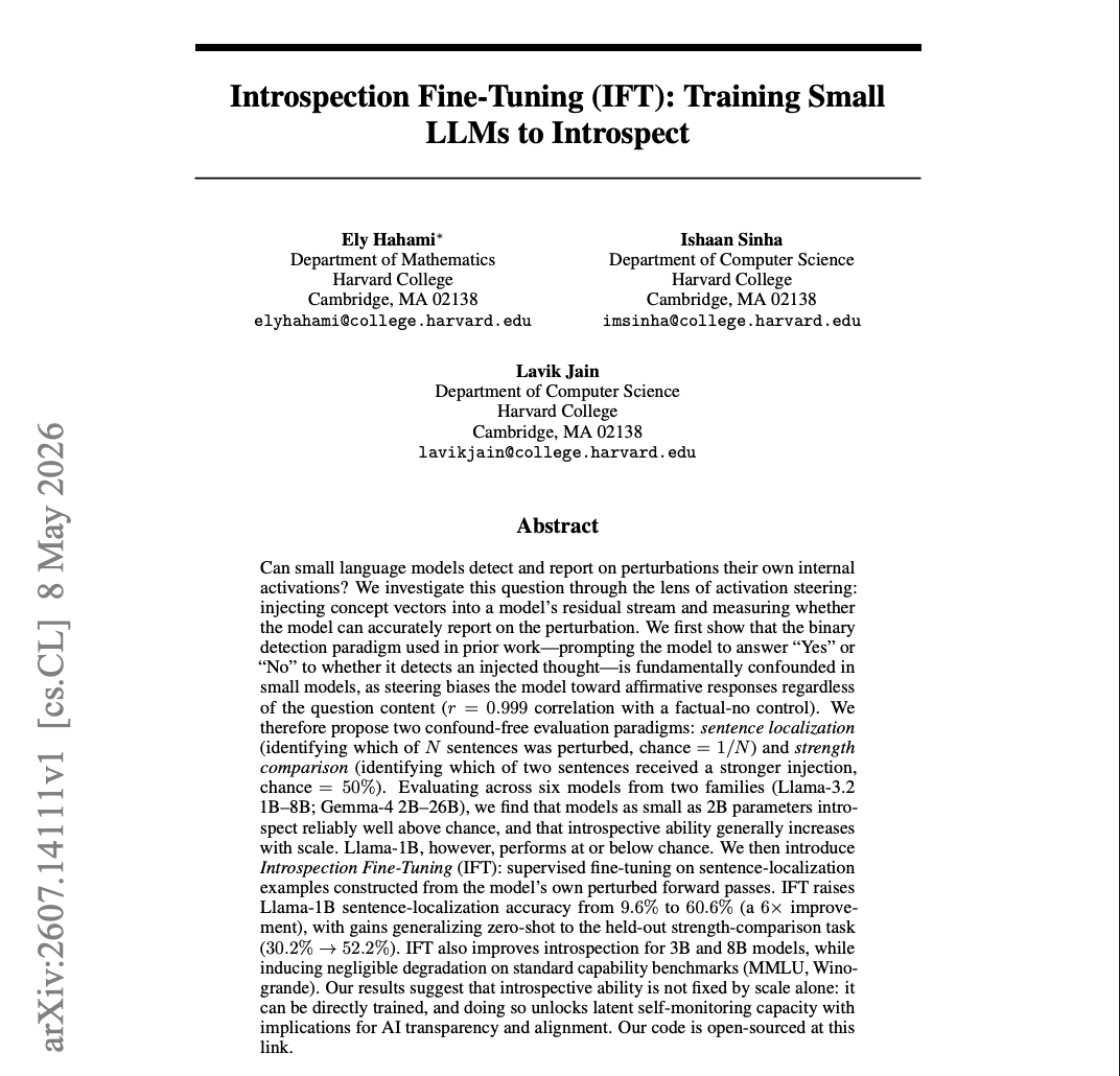 ElyHahami's tweet photo. IFT generalizes to increasing accuracy on strength detection tasks: detecting magnitude differences in steering vector injections. It was not trained to do this.

So the model may be learning a function of its internal activations 🤔!

Paper: https://t.co/za9gIr7EfT (5/5). https://t.co/7kkZLRgz3T