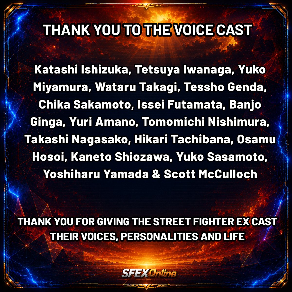 SFEXOnline's tweet photo. Street Fighter EX Plus Alpha was brought to life by developers, artists, musicians and performers whose work still means so much to us.

With love and thanks to everyone in the original credits.

@arika_co_jp @nin_arika @miharasan @shinji_hosoe @ayako_saso @J99aihara https://t.co/SmGGvZEDAn