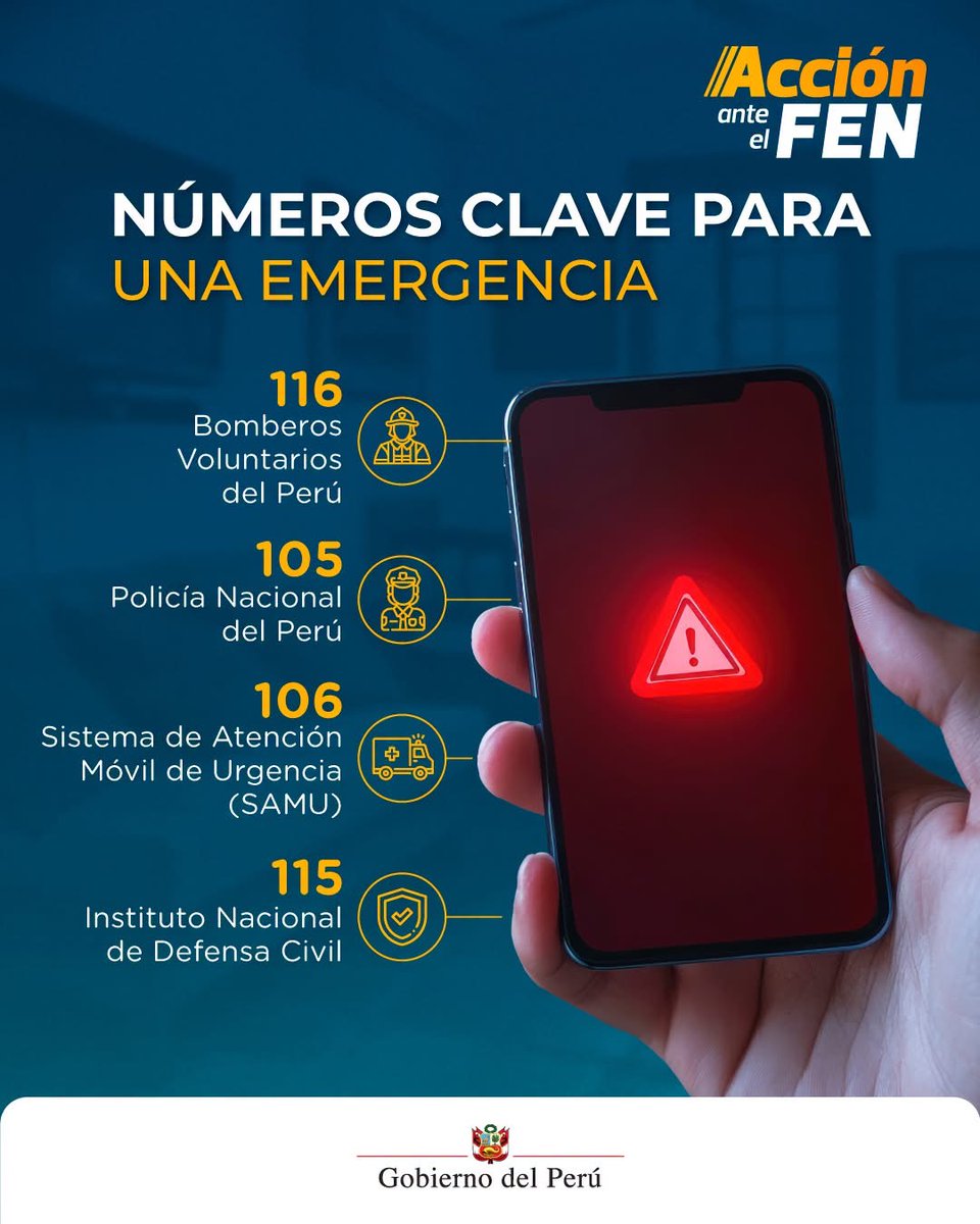 MineduPeru's tweet photo. #AcciónAnteElFEN ¿Sabes a qué número llamar para pedir ayuda ante una emergencia? Revisa esta información, guárdala y compártela a tu grupo familiar o de amigos. https://t.co/YuWDu1isqI