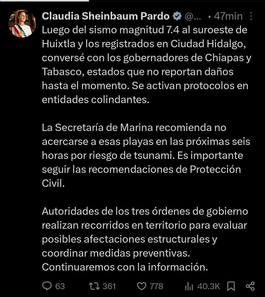PoderNoticiaPue's tweet photo. #Entérate|| 🌎🚨 Tras sismo de magnitud 7.4 al suroeste de #Huixtla, la presidenta @Claudiashein informó que hasta el momento no se reportan daños en #Chiapas ni #Tabasco.
⚠️ Se activaron protocolos en estados colindantes y autoridades ya realizan recorridos para evaluar posibles afectaciones.
🌊 La @SEMAR_mx pide evitar acercarse a playas durante las próximas horas por riesgo de tsunami.
@SismologicoMX @GobiernoMX
#PoderNoticia #DondeTuVozSeEscucha