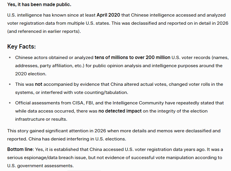 secretsqrl123's tweet photo. unless you have been sleeping for the past 6 years nothing new was said last night. it was public that china was hacking our voter rolls back in 2020. i guess the only person that didnt know it was trump... there were news stories about it then https://t.co/xegm38kphb