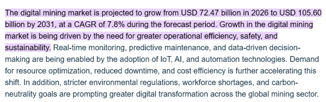ciscosdodos's tweet photo. The $72 billion digital mining market is growing at 7.8% annually. The AI segment inside it is growing at 10.7%. Here is how to become part of it
I keep coming back to this TAM, SAM size number and it puts NRED's roughly $58 million mcap in perspective. The digital mining market is $72.47 billion this year, heading to $105.60 billion by 2031. The AI and analytics segment is the fastest-growing part at 10.7% CAGR.
NRED is valued at about 0.08% of this year's digital mining market. That doesn't mean it should be valued at 1% or even 0.5%. But it does mean the market is assigning extremely low value to the technology stack (for now). MetalCore got 4m records and full 1k waitlist of registered users. The EyeX evaluation is ongoing. There's a non-provisional US patent filed. Yet the valuation looks like pure copper exploration with no software optionality.
Most mining software companies trade on revenue multiples. If MetalCore ever generates even $1 million in annual recurring revenue, applying a conservative 10x SaaS multiple gets you to $10 million in only technology value. That's 17% of NRED's current cap. The optionality is there, but the market isn't pricing it yet due to small exposure.
The macro tailwind is real. Mining companies are spending more on AI and analytics every year, and NRED is one of the few juniors actually building proprietary tech in that space. I think we might be looking at the copper and missing the software side entirely
I spot, you execute
$OPEN $NVDA $AAPL