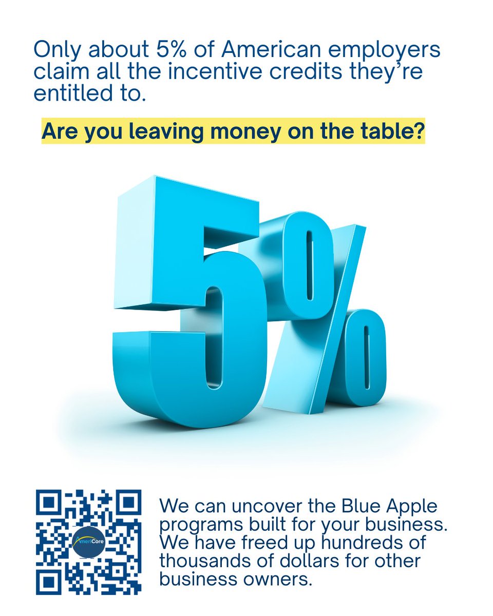 Americore_Group's tweet photo. Only about 5% of American employers claim all the incentive credits they’re entitled to.
Are you leaving money on the table?
We freed up hundreds of thousands of dollars for other business owners-your turn
#businessservices #financialservices #businessdevelopment #money4business https://t.co/Y8H9gt8QQM