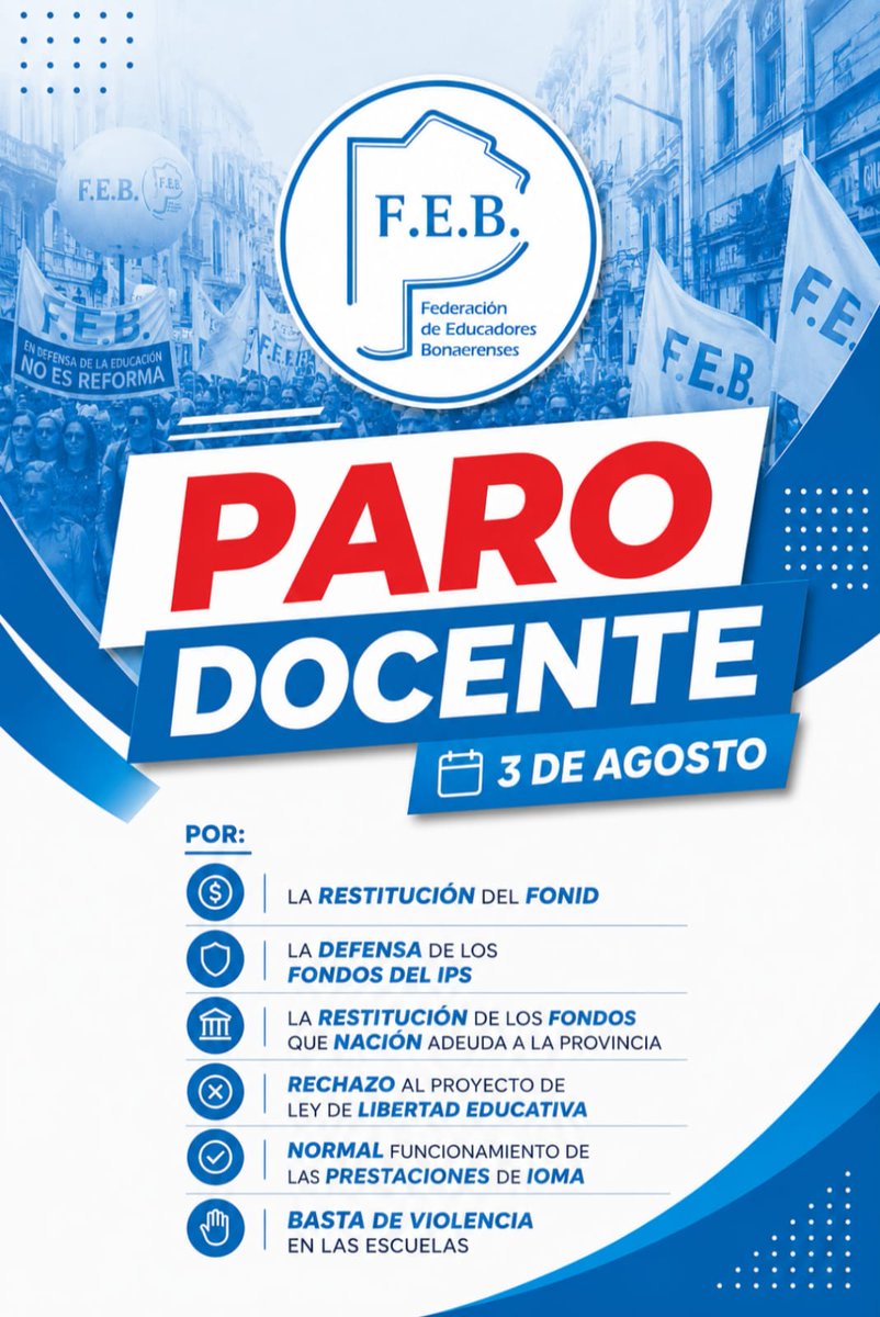 LaFEB's tweet photo. 🗓️ 3 de Agosto
🔴 PARO DOCENTE 🔴 https://t.co/fQHHx647mp