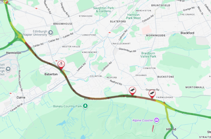 trafficscotland's tweet photo. ❗️NEW 🕐18:07

🗺️#A720 Baberton

⚠️The #A720 is restricted EASTBOUND due to a road traffic collision.

🚗Drivers should use caution on approach and expect delays.

Current delay approx. 18 mins.

Plan your journey at https://t.co/YhNVx5VKCN

@SETrunkRoads https://t.co/uQqTRstpxG