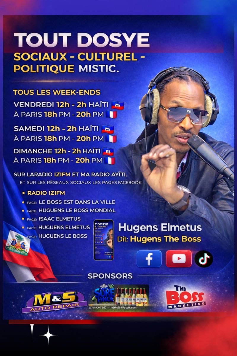 IsaacElmetus's tweet photo. Fini la coupe du Monde.
 Le grand retour de L’émission .TOUT DOSYE LUNDI 20 JUILLET 
18 h d’Europe,12 h D’Haïti https://t.co/ek7MEX8AfJ