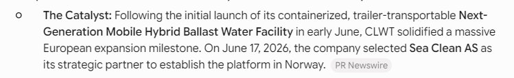thommic's tweet photo. $CLWT man is this thin literally went up .10 on 3000 shares and chart is flagging, big catalyst, they took a pic on 7/9 which is when they left for Norway! https://t.co/PTpMd2t8o0