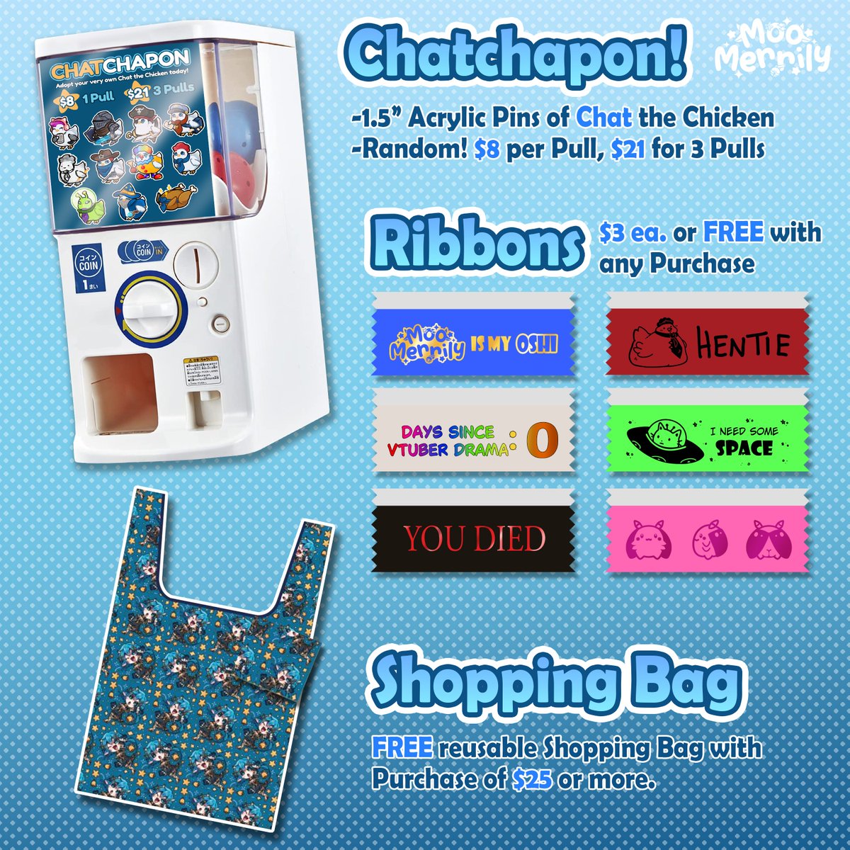 MooMerrily's tweet photo. 🐮Offkai Expo Booth C4 Catalog💫

This is my FIRST time at Offkai and I'm super nervous!! Here's a few things you can find at my booth! I'll be boothing with my GRANDMA and it's her birthday so if you stop by, please wish her a Happy Birthday!🎂

💙VTubers, Pokemon, FFXIV, FFXIV & More!

#OffKaiGen5