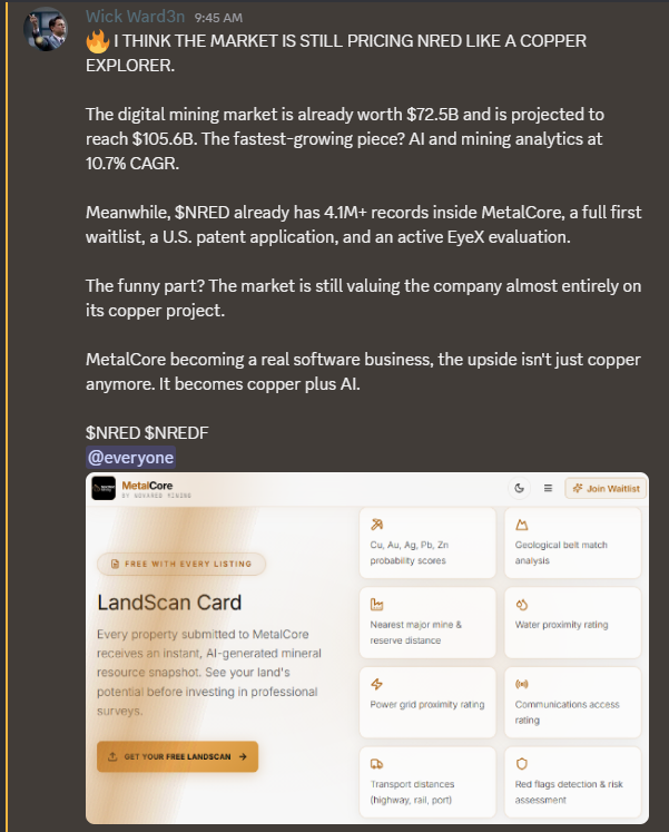 Bettina49097162's tweet photo. AI ISN'T JUST DRIVING COPPER DEMAND. IT'S CHANGING HOW COPPER IS FOUND.

That's one of the reasons $NRED stands out to me.

The company is developing MetalCore, an AI-powered exploration platform built around 10 mineral-system-specific AI models and supported by 86 geoscience and data science specialists.

Its database has grown to 2.7 million exploration records, including 1.4 million geochemical samples, giving the AI more data to identify promising targets.

Add Kristi Noem as Strategic Advisor, bringing experience in government and critical minerals, and NRED is positioning itself at the intersection of AI, copper, and resource security as the race for new discoveries continues.