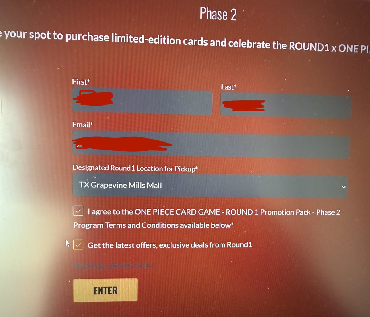 jerrysgotpops's tweet photo. @Round1USA Genuinely I made it this far all in less than 8 seconds and then it just kept saying “Sending, please wait…” it’s actually still saying it 12 minutes later - yall need to have a competent website before drops like this / absolutely unacceptable man. https://t.co/a9URLrTjXj