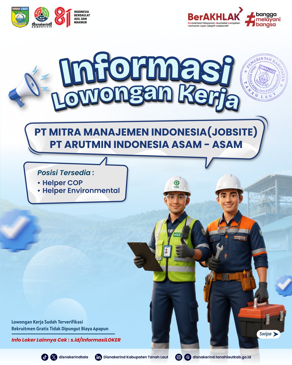 DisnakerindTala's tweet photo. 🚨 LOKER TAMBANG URGENT! BESOK TUTUP! 🚨

PT MMI / PT Arutmin Indonesia Asam Asam butuh segera:

Helper Environmental (Subjek: Helper Enviro)

Helper COP (Subjek: Helper COP)

🎓 Min. SMA/Sederajat.
Kirim CV (Maks 2MB) ke: adminos.asamasam@arutmin.com
⏳ Deadline: 19 Juli 2026 https://t.co/hHsjTNZIzj
