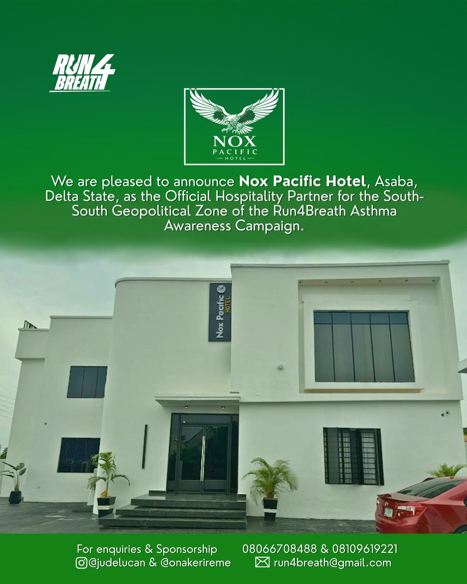 Onakerireme's tweet photo. We are proud to announce Nox Pacific Hotel, Asaba, Delta State as the Official Hospitality Partner for the South-South Geopolitical Zone of the Run4Breath Asthma Awareness Campaign.

Renowned for its exceptional hospitality, elegant rooms, serene environment, 24-hour electricity, top-notch security, and outstanding customer service, Nox Pacific Hotel is one of Asaba's premier hospitality destinations.

📍 Location: No. 16 Prince Charles Okoye Street, Off Midwifery Nursing School, Okpanam, Asaba, Delta State.

We are excited to have them on board as we embark on this life-saving campaign to raise asthma awareness and provide asthma kits to patients in need across Nigeria.

Thank you, Nox Pacific Hotel, for believing in our vision. Together, we're making every breath count.