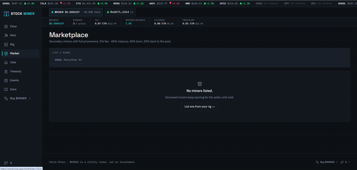 StockMinerApp's tweet photo. The marketplace is where you can go to buy / sell miners at a discount.

Creating an economy within the user base. Since miners are a forever purchase, this allows you to get some of our money back.

0x98a64d87f9DF33ee4571772F49f196bE3D7D2696

https://t.co/zAz6k0LN2Y https://t.co/J27BrT4tNE