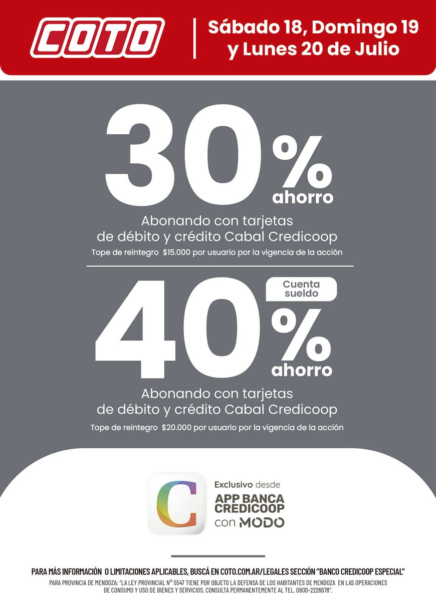 Coto_Ar's tweet photo. Disfrutá de un 30% y 40% con Credicoop durante el sábado, domingo y lunes. 💳

Todas las ofertas en tu celular 👉 https://t.co/lGKEeBaMYG https://t.co/XcuUWfvHIk