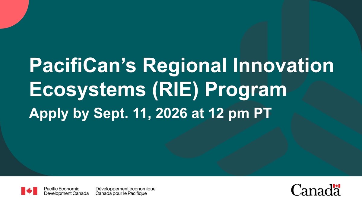 PacifiCanEN's tweet photo. [1/2] We’re accepting applications for PacifiCan’s Regional Innovation Ecosystems program!

Are you an organization supporting #BC’s innovation ecosystem &amp; helping SMEs scale, boost productivity &amp; build resilience?

Apply by Sept. 11 at 12:00 pm PT.

➡️ https://t.co/WFJqVUCfnh https://t.co/q3zA937bIZ