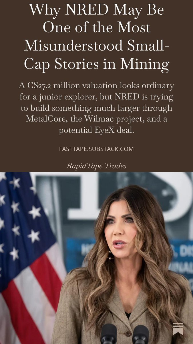 AiyzFut14's tweet photo. THIS IS BIGGER THAN A FAMOUS NAME | STOCK:
I’m not watching $NRED simply because Kristi L. Noem has a recognizable résumé.
I’m watching because her experience aligns closely with the company’s direction.
Critical minerals increasingly intersect with infrastructure, national security, government policy and cross-border cooperation.
Noem has operated at senior levels across all of those areas.
In my view, that could help NRED better understand strategic partnerships, communicate its North American critical-minerals vision and expand its network.
Combined with 39,726 acres and 3 drill-ready targets, this appointment strengthens my long-term conviction.
$AMD $COIN #jonita #nolimits
