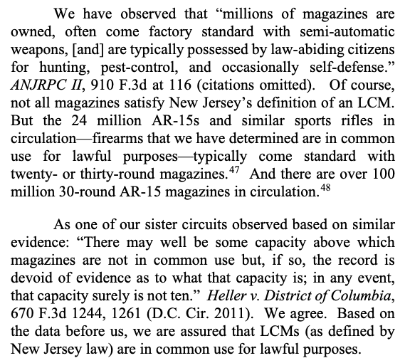 gunpolicy's tweet photo. "As one of our sister circuits observed based on similar evidence: 'There may well be some capacity above which magazines are not in common use but, if so, the record is devoid of evidence as to what that capacity is; in any event, that capacity surely is not ten.'" https://t.co/jwWZkD9ehJ