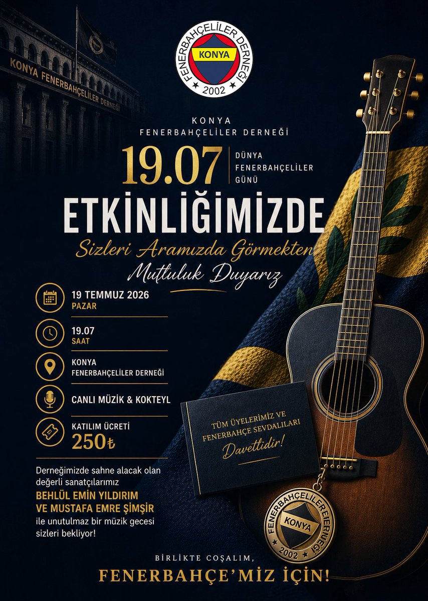 kfd42's tweet photo. Son 2 gün! 💛💙

19 Temmuz Dünya Fenerbahçeliler Günü’nü Konya Fenerbahçeliler Derneği’nde hep birlikte kutlamaya hazırlanıyoruz.

Canlı müzik, kokteyl ve unutulmaz bir gece sizleri bekliyor.

📅 19 Temmuz 2026, Pazar
🕖 19.07
📍 Konya Fenerbahçeliler Derneği https://t.co/cSo1clUJ2E