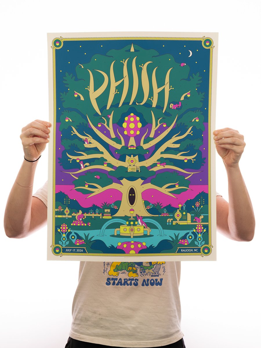 phishdrygoods's tweet photo. Here is our Official Raleigh, NC LE poster by Ryan Miller Ryan Miller. 18”x24” screenprint, numbered. Main Edition of 950. Printed by The Half and Half. 

There will be an early merch stand just outside the main entrance opening at 3:30PM today. Posters and all other merch will be available at the indoor merch stands when doors open for those who can’t make it early. As usual with our early sale, there will be no lists allowed and no line-saving.  

Reminder: abusive and bullying comments will not be tolerated at Dry Goods. Humans create these posters and humans are reading these comments.
