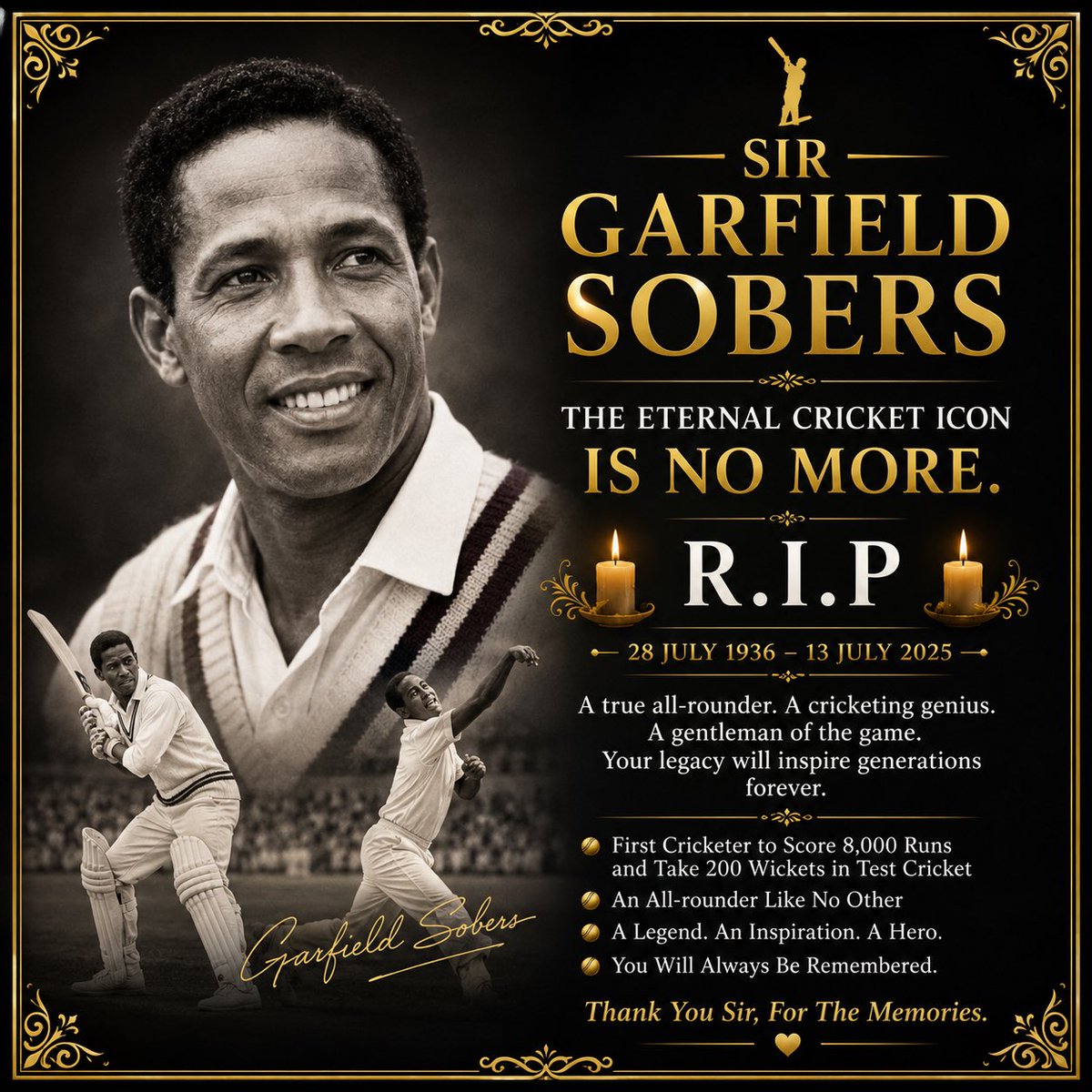 Anvith_KT's tweet photo. Cricket has lost a giant. The world has lost a gentleman. 💐

#RIPSirGarfieldSobers #GarfieldSobers #SirGarfieldSobers #CricketLegend #CricketIcon #LegendForever #RestInPeace #GoneButNeverForgotten #Tribute #CricketHistory #WestIndiesCricket #AllRounder #GreatestOfAllTime https://t.co/SBfskcn8UW