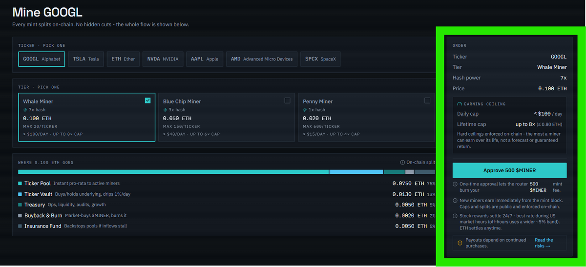 StockMinerApp's tweet photo. Every purchase burns 500 $MINER!

When buying a moner, its a 2 step transaction process.

1. You must burn 500 $MINER tokens.
2. You must pay the $ETH fee for the miner. 

0x98a64d87f9DF33ee4571772F49f196bE3D7D2696

https://t.co/zAz6k0LN2Y https://t.co/jdR4plNgUd
