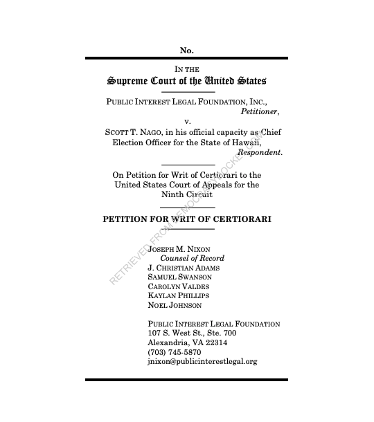 DemocracyDocket's tweet photo. BREAKING: A prominent right-wing group is asking SCOTUS to force Hawaii to hand over its voter rolls after a lower court dismissed the group's lawsuit.

At issue is whether federal law requires the state to make that data public. https://t.co/m3ZfEIz8m9