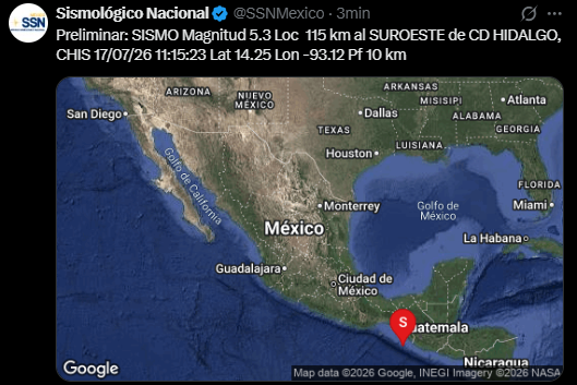 DiarioChiapas's tweet photo. Preliminar: SISMO Magnitud 5.3 Loc 115 km al SUROESTE de CD HIDALGO, CHIS 17/07/26 11:15:23 Lat 14.25 Lon -93.12 Pf 10 km
#Sismo #Chiapas #Huixtla #CDHidalgo https://t.co/DXkg2jn6u9