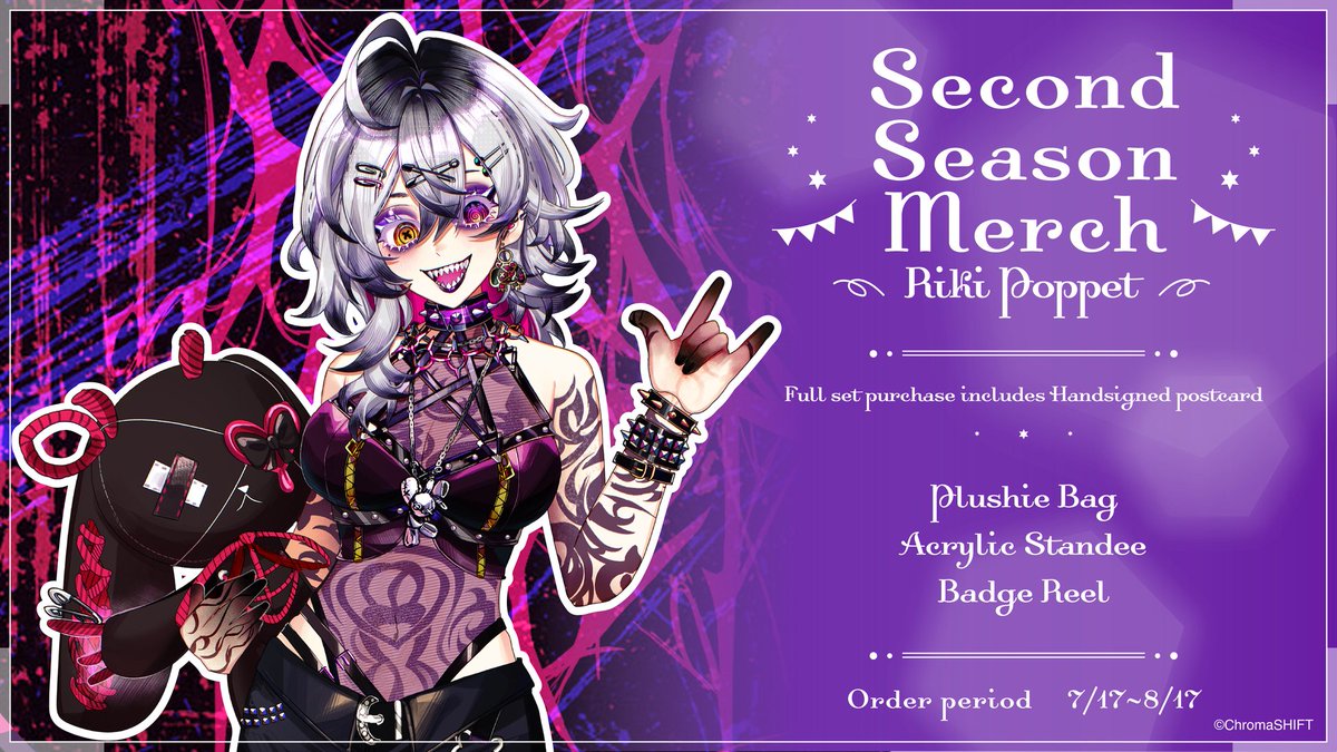 ChromaSHIFT_FTW's tweet photo. It's time for a particularly loud 2.0 debut from @RikiPoppet! 🎩🪡

As always, we've got some unique merch pieces to drop alongside the 2.0 reveal. This time we have: 

- Plushie Bag
- Acrylic Standee
- Badge Reel

Anyone who purchases the full set will also receive a hand-signed postcard from Riki! 

You can check out the full set here 👉https://t.co/VfTTY8UjvN

Purchase window closes at 11:59PM PDT on 8/17! 

Riki is live right now showing off her brand new model. Make sure to stop by and show her some love! https://t.co/yuP0jCwenB