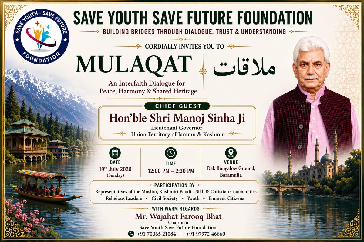 BEIGHJAVED's tweet photo. Different faiths. One Valley. One Future.
Be part of #MULAQAT in Baramulla and celebrate the spirit of unity.#MULAQAT #Baramulla #Kashmir #Peace #Harmony #InterfaithDialogue #SharedHeritage #UnityInDiversity #TogetherForPeace #JammuAndKashmir #YouthForPeace #CommunityDialogue https://t.co/xtaRozTDN9