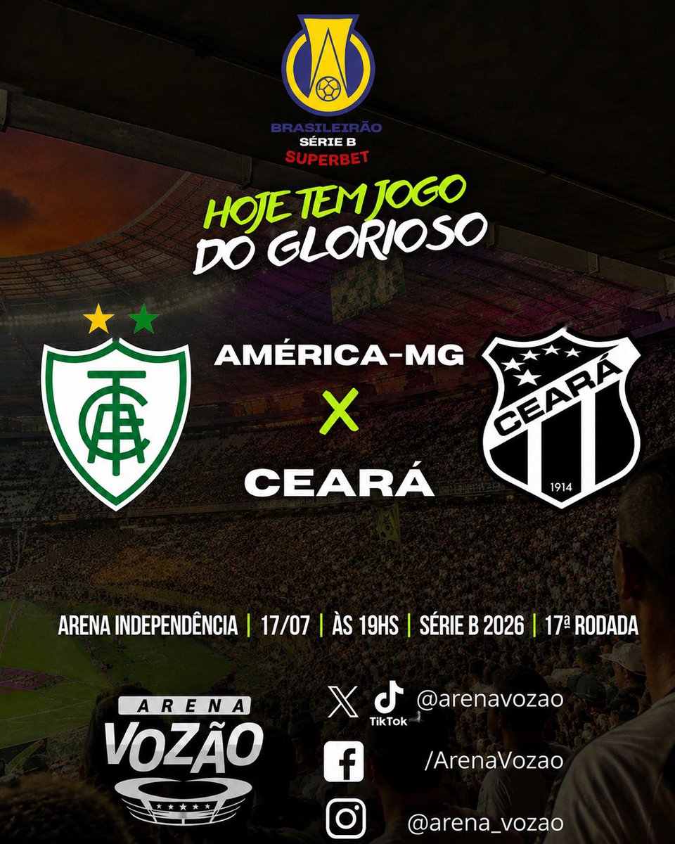 arenavozao's tweet photo. América-MG x #Cearasc se enfrentam nesta sexta-feira pela 17ª rodada da #SérieB, às 19h (de Brasília), na Arena Independência, em Belo Horizonte (MG). O #Vozão tenta sair do Z4 enquanto o coelho ocupa a lanterna da competição. A partida será transmitida pelo Disney+/Espn. https://t.co/FCJAoFmx2y