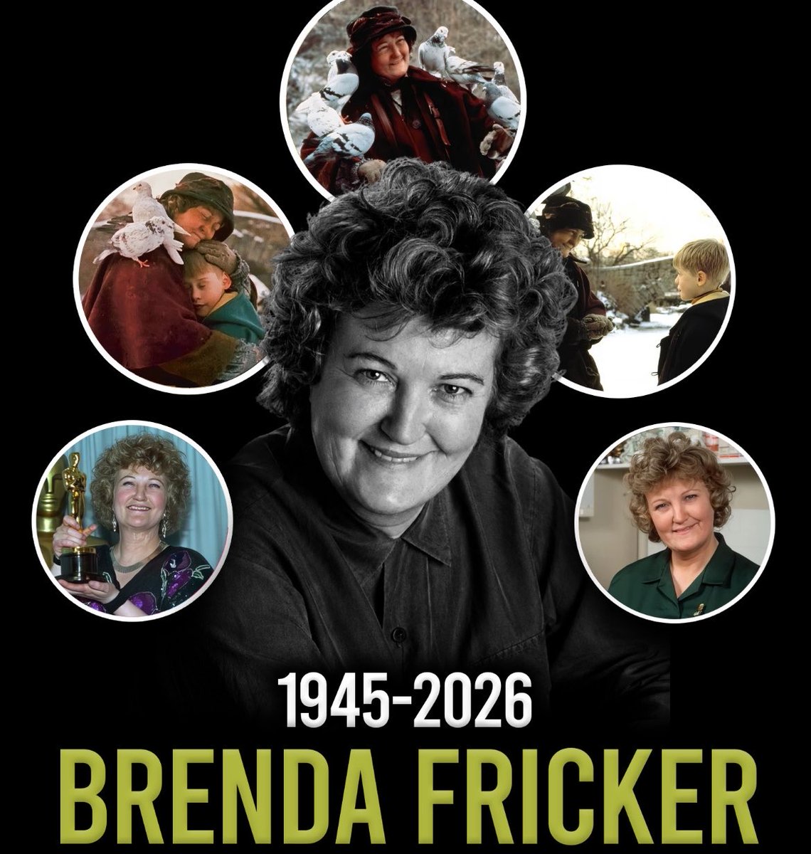 Matt124985's tweet photo. Oscar-Winning Actress Brenda Fricker was best known for playing the Central Park Pigeon Lady in Home Alone 2 &amp; Mrs Brown in My Left Foot…has sadly passed away at the age of 81.😢

                          R.I.P👼🏻🕊️
                 Brenda Fricker https://t.co/Ui6Rcm7B1Y