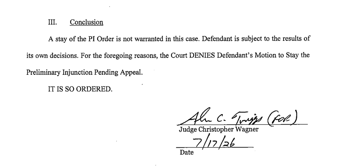 PaulFritschner's tweet photo. NEWS: An update in the age-based eligibility lawsuit in Hamilton County, OH

Judge Wagner has denied the NCAA's motion to stay the preliminary injunction pending appeal.

The players in Ohio remain eligible, pending the NCAA's appeal. https://t.co/AuUzQiwXT8