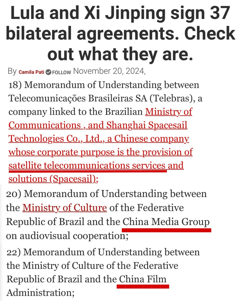 BolsonaroSP's tweet photo. @EndWokeness Is that a coincidence that in 2024 Lula and Xi signed 37 agreements and MOUs about, among others issues:

-Media exchange
-Communication
-Cinema

This is pure culture revolution, culture war and who dennounce it is the extremist. https://t.co/Ywi9JQALqI