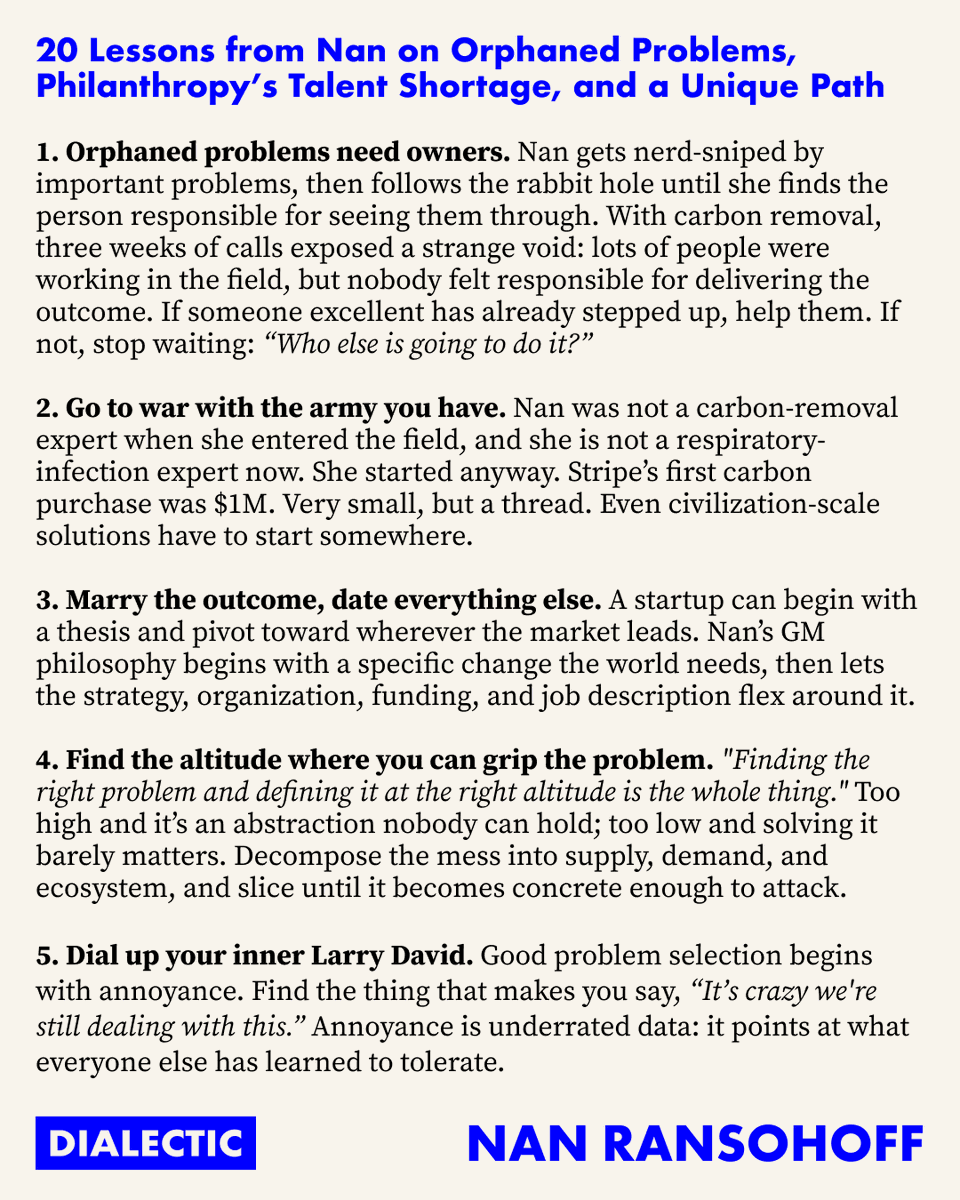 jacksondahl's tweet photo. 20 Lessons from Dialectic 51 with Nan Ransohoff

1. Orphaned problems need owners.
2. Go to war with the army you have.
3. Marry the outcome, date everything else.
4. Find the altitude where you can grip the problem.
5. Dial up your inner Larry David.
6. Choose a problem that fits your hands.
7. Vision is in short supply.
8. Think in decades. Plan the week.
9. Invent the customer.
10. Explore the space between the grant and the unicorn.
11. Philanthropy needs power laws too.
12. The next philanthropic shortage is talent.
13. A spreadsheet cannot tell you what is beautiful.
14. Make the do-gooders rich.
15. A company can house a moonshot.
16. Don’t snap to grid by default.
17. Study the things you’re supposed to feel out.
18. Friendship deserves more than leftovers.
19. Making something together is an intimate act.
20. Sketch your own obituary.

@DialecticPod / @nanransohoff