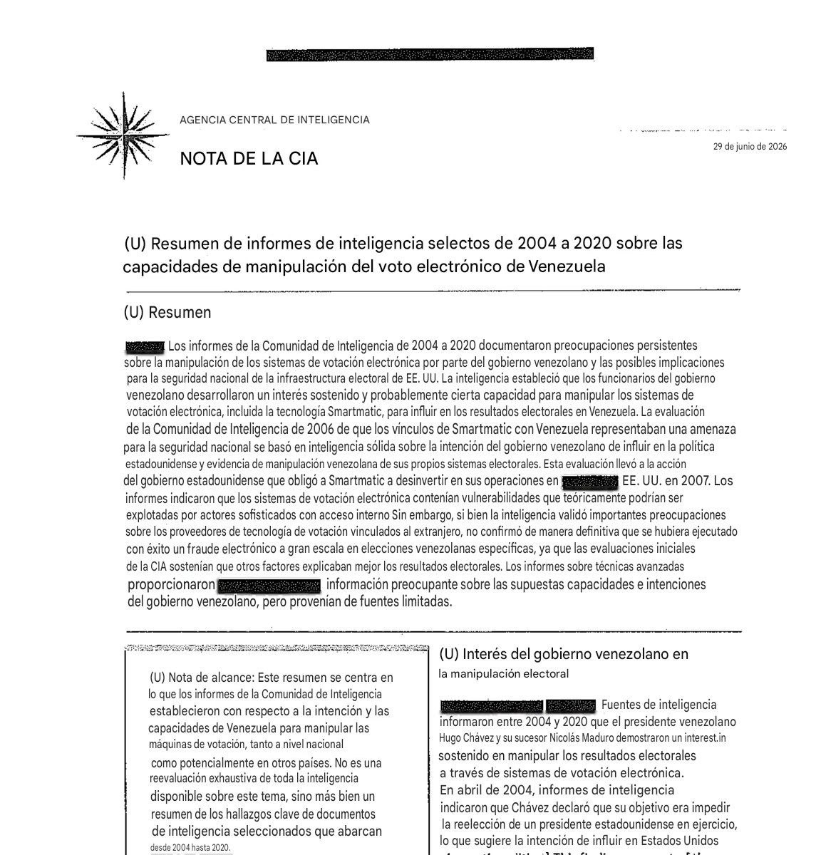 ChinaEnEsp's tweet photo. 🇻🇪 🇺🇸La CIA publicó en junio de 2026 un resumen de inteligencia sobre los sistemas de votación electrónica en Venezuela entre 2004 y 2020.

Puntos clave del documento:

La Comunidad de Inteligencia de EE.UU. expresó preocupaciones sobre posibles capacidades de manipulación. 

Sin embargo, no confirmó que se hubiera ejecutado un fraude electrónico a gran escala.

Los analistas concluyeron que los resultados electorales se explicaban mejor por otros factores, como patrones de votación consistentes con encuestas previas, apoyo sostenido a candidatos del chavismo y ausencia de irregularidades masivas detectables.

Incluso con acceso a información de inteligencia durante años, la CIA no logró validar las acusaciones de fraude masivo.

Un documento oficial estadounidense que, lejos de confirmar las narrativas más agresivas, deja claro que no existe evidencia concluyente de manipulación generalizada.