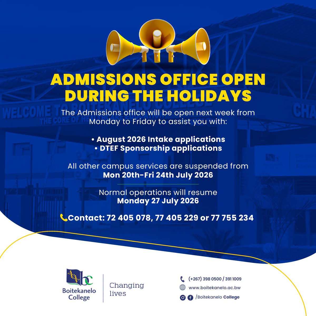 BoitekaneloC's tweet photo. ATT: Prospective Students

📞 Contact: 72405078 / 77404229 / 77755234
🌐 Applications for the August 2026 Intake remain open. Apply online at: https://t.co/1QPb7PIxMB https://t.co/I5KSl7o6p6