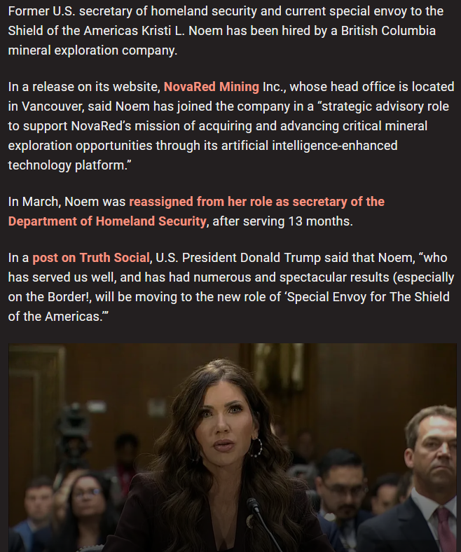 Priihcavalcant's tweet photo. THIS ISN'T RANDOM:
I don't believe companies attract advisors like Kristi L. Noem by accident.

• Former U.S. Secretary of Homeland Security

• Former Governor and member of Congress

• Now advising NRED as critical minerals become 

increasingly strategic
Meanwhile, the company has 3 drill-ready targets, 4.1M+ geological records, and 1.5M geochemical samples. That's why I'm staying patient with this story.

$INTC $MU $SMCI $TSM