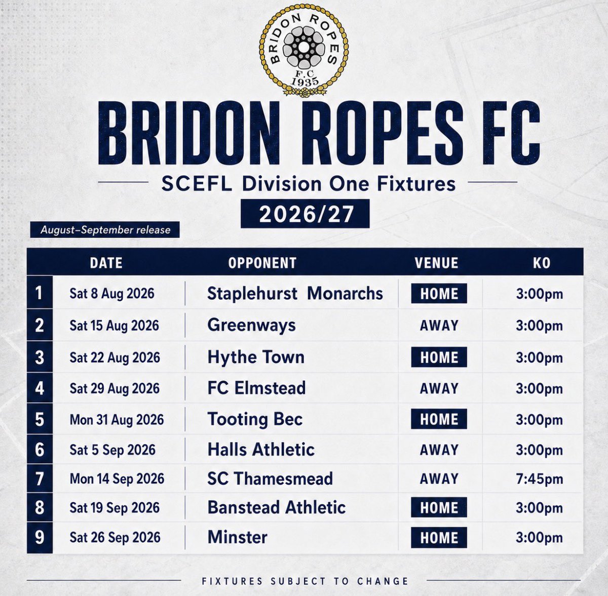 Bridon1935's tweet photo. Our opening SCEFL Division One fixtures for 2026/27 are here and none of our home games clash with Charlton Athletic!
Addicks away? Get behind Charlton’s only non-league club.
A new season. A new challenge. Let’s get behind the Ropes.
#UpTheRopes #WeAreCharlton #SE7 #NonLeague https://t.co/aHbHStZF2P