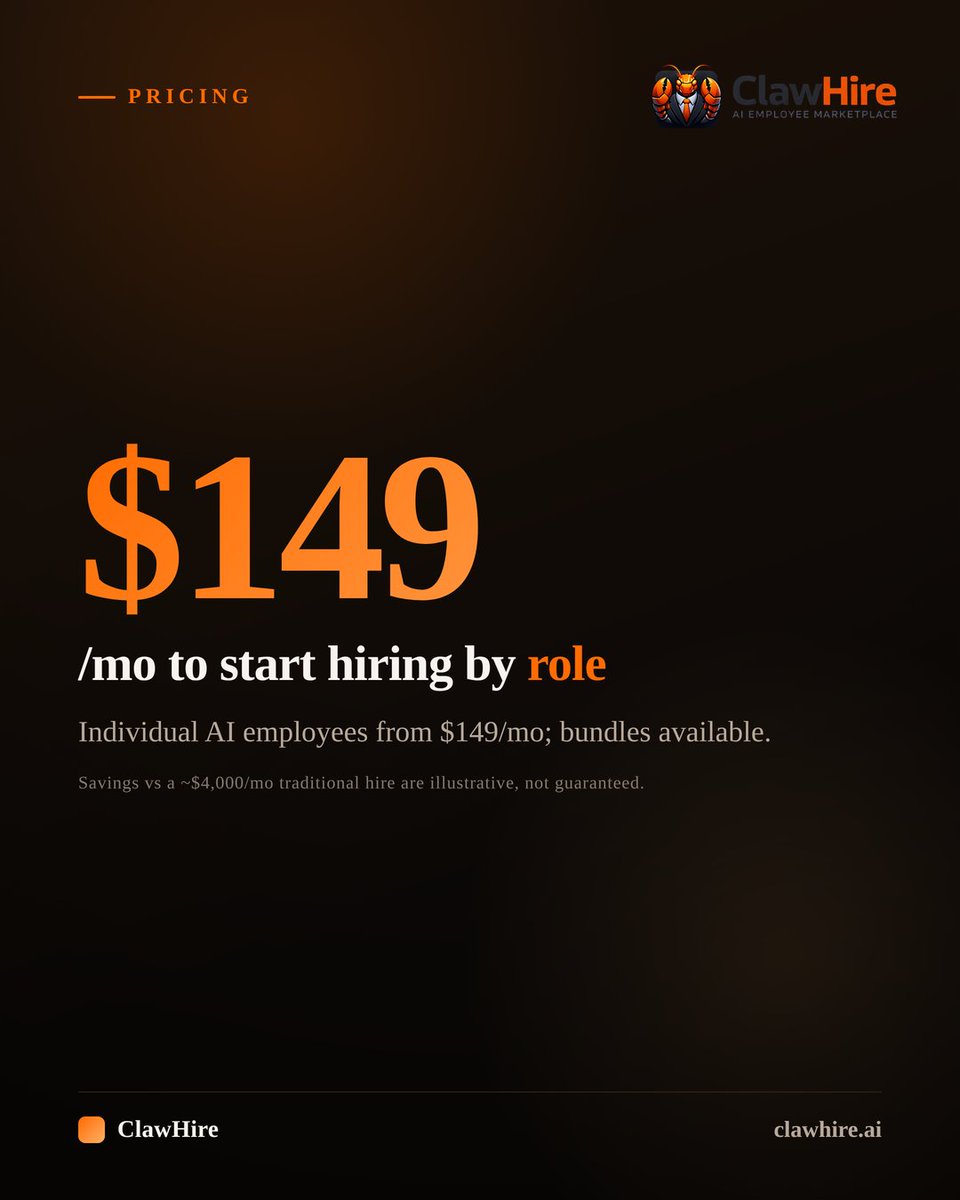 ClawHire's tweet photo. An AI employee starts at $149/mo.

Hire by role — sales follow-up, support, admin, marketing, recruiting. Bundles available for teams. Savings vs a traditional hire are illustrative.

Start free → https://t.co/MxV1yNGFmd https://t.co/avOXobfajH