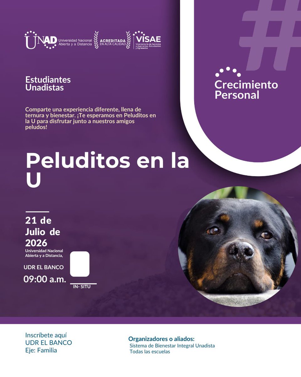UNAD_zcar's tweet photo. 📌 ¡Peluditos en la U en El Banco! 🐾❤️
 ¡Un espacio lleno de ternura, colitas felices y mucho amor! Ven y comparte una experiencia diferente junto a nuestros amigos de cuatro patas en este hermoso encuentro de la línea de Crecimiento Personal.

✨ Evento: Peluditos en la U https://t.co/1rhZgrkNFJ