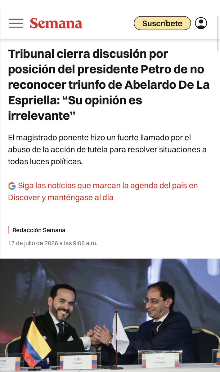 VickyDavilaH's tweet photo. Tribunal cierra discusión por posición del presidente Petro de no reconocer triunfo de Abelardo De La Espriella: “Su opinión es irrelevante”

https://t.co/lYen56luHX https://t.co/0CjOCwNdC8