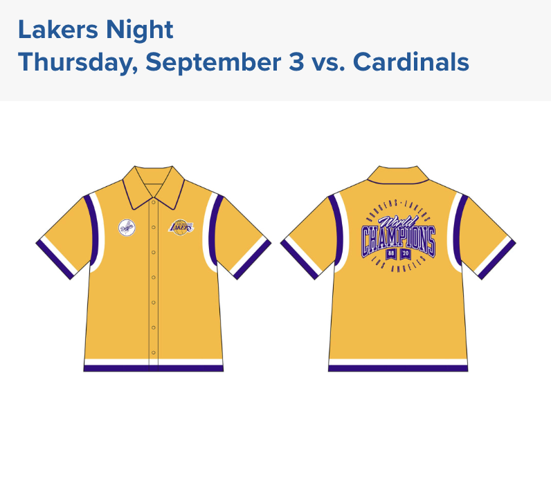 Matthew__Moreno's tweet photo. Lakers Night at Dodger Stadium is set for Sept. 3. 

Purchase of the special ticket pack comes with an old-school looking shooting shirt that pays tribute to 1988 and 2020 seasons -- years the Dodgers and Lakers both won championships. https://t.co/eQcxyW0UoW