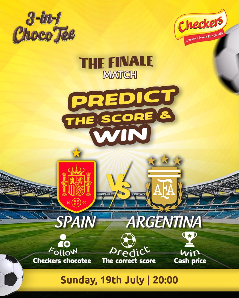 C_Chocotee's tweet photo. 🏆 Final time! Predict the correct score.
follow @checkerschocotee, like this post, comment your prediction and tag 2 friends for a chance to win FREE Checkers 3-in-1 ChocoTee. Ends 19 July, 7PM. ⚽
 #CheckersChocoTee #PredictAndWin https://t.co/YJ61O4O48O