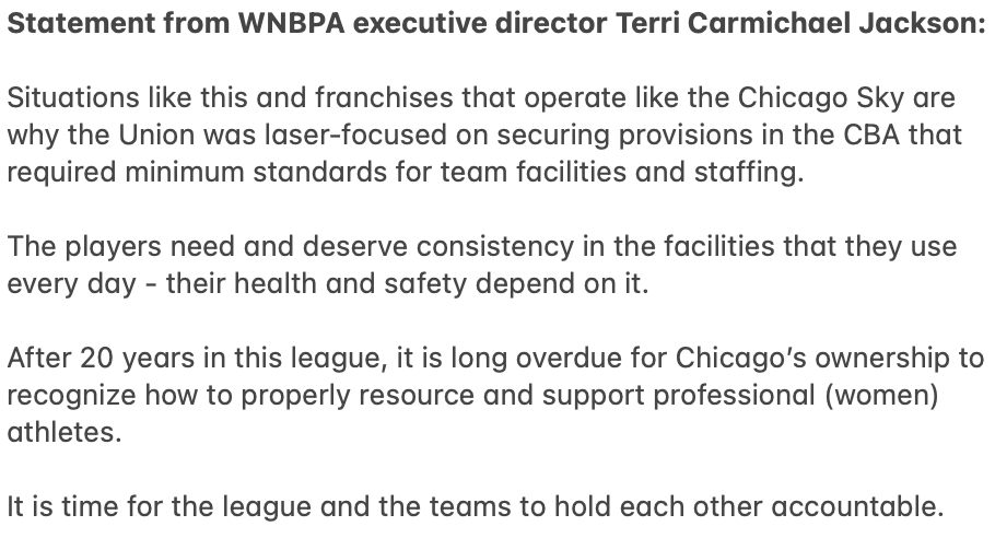 colincsalao's tweet photo. NEW: In a statement to @FOS, WNBPA executive director Terri Carmichael Jackson blasted the Sky for another facility delay.

“After 20 years in this league, it is long overdue for Chicago's ownership to recognize how to properly resource and support professional (women) athletes.” https://t.co/OctulAOEJ7